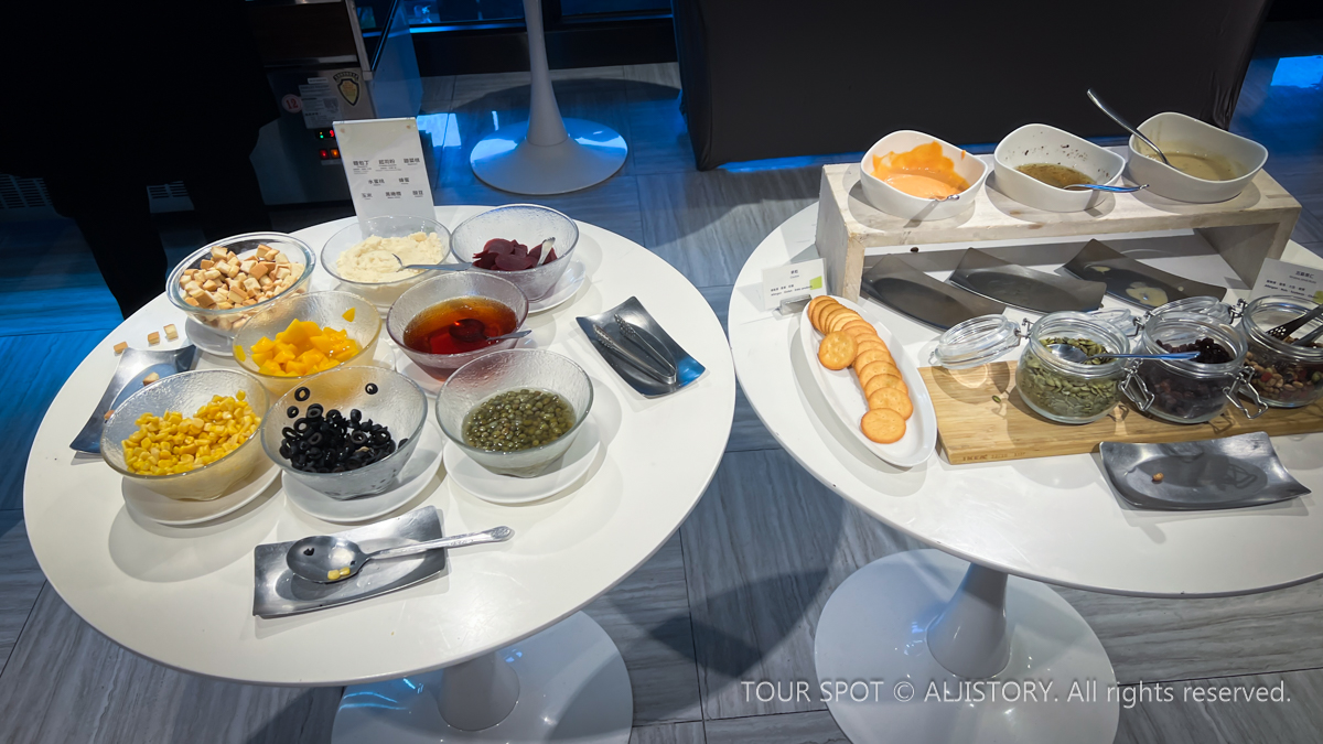 Bread and cream served for breakfast at the hotel are on display