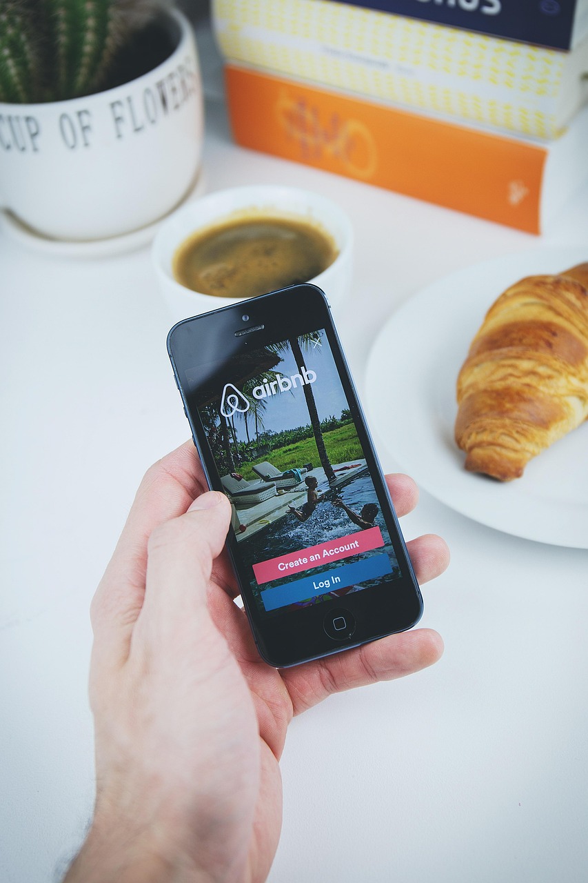 hold a smartphone with an Airbnb app