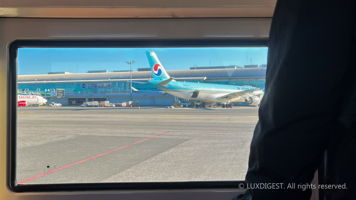 A Korean Air flight appears to be waiting for passengers